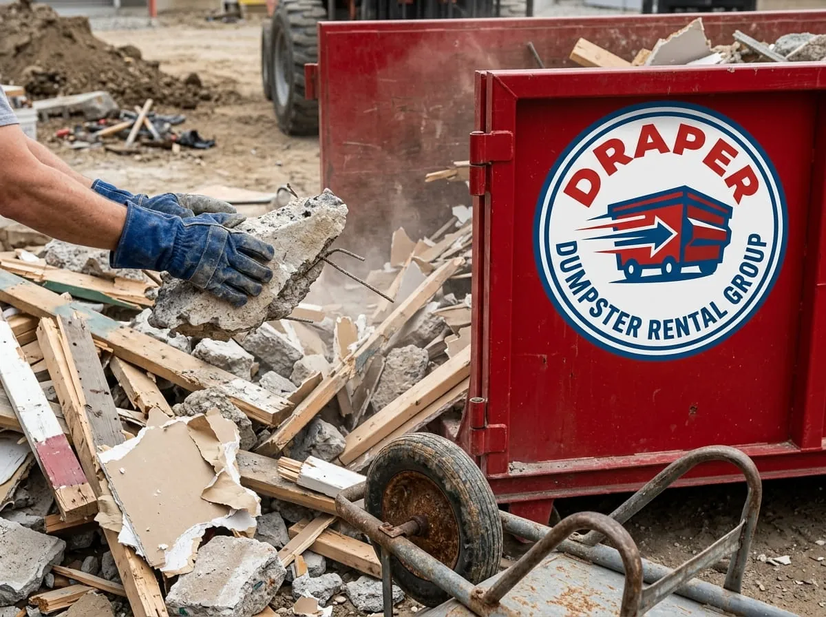 Masonry rubble being loaded by hand into a roll-off container Masonry rubble being loaded by hand into a roll-off container