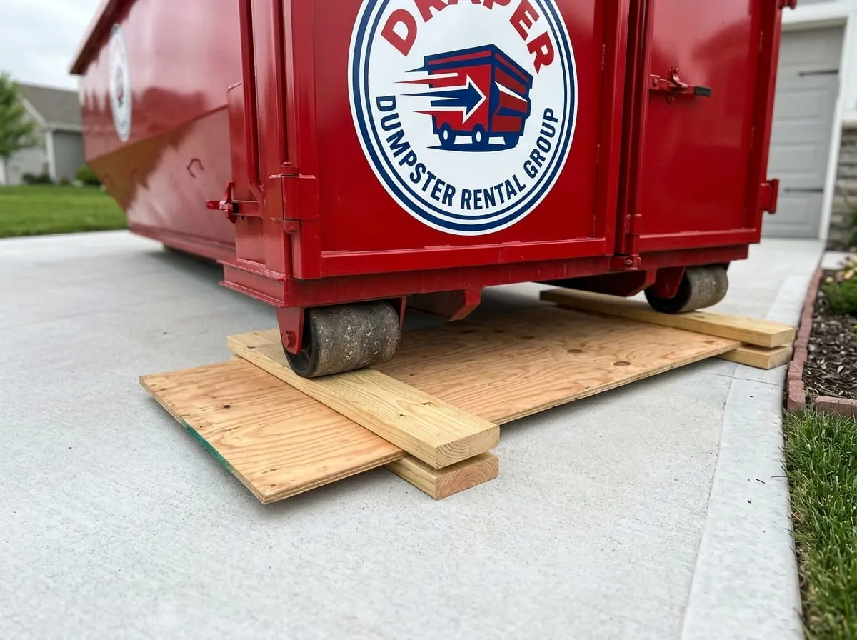 Close-up of a roll-off container wheel resting on timber driveway boards
