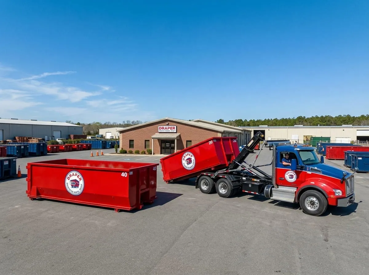 Draper Dumpster Rental Group roll-off truck fleet parked at the Draper yard