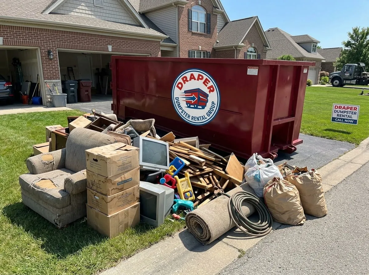 Driveway property clearance with furniture beside a roll-off container