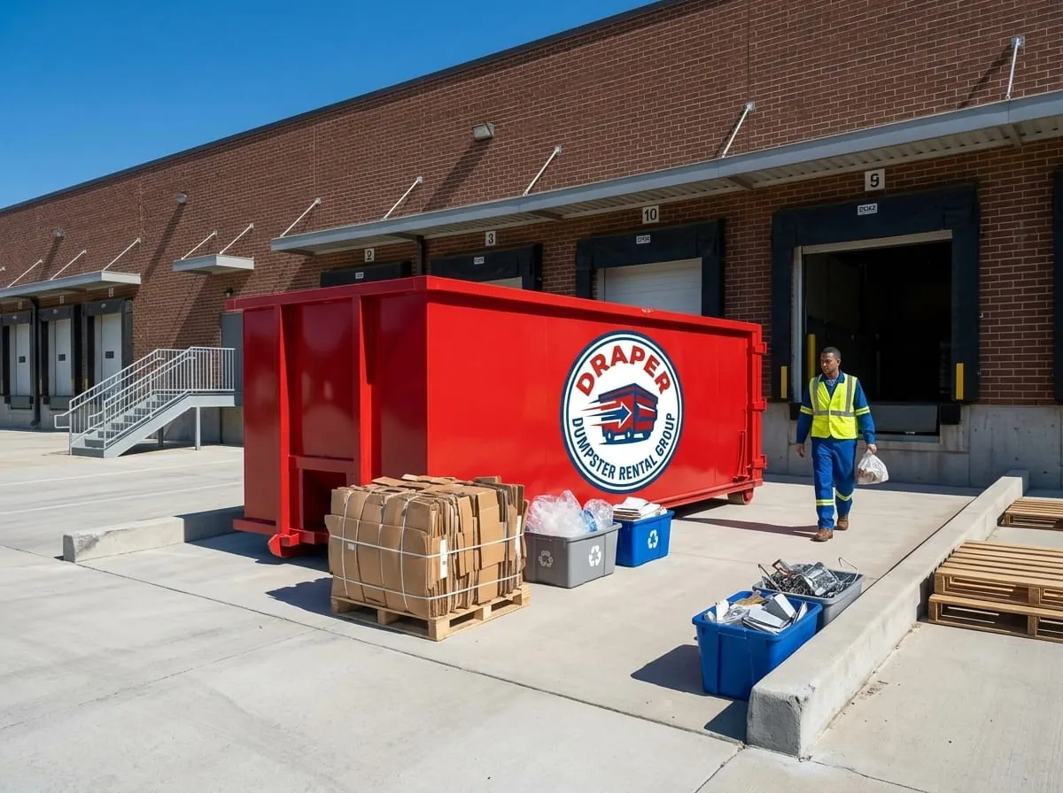 Draper Dumpster Rental Group roll-off container and truck working a job in Salt Lake County
