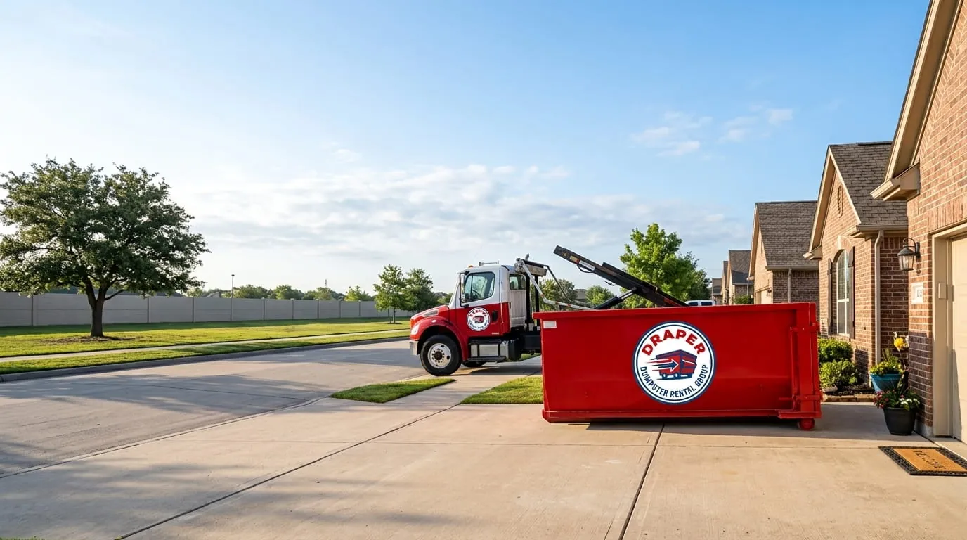 Roll-off truck and container on a residential street